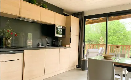 Cuisine équipée avec réfrigérateur-congélateur et espace salon